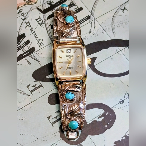 Blk. Hills Gold Watch (+ diamond) 12k Gold/Silver/Turquoise Band - Picture 3 of 11